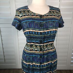 Vtg 80's J Stevens Carol Escritor Sheath Dress 16 Jewel Tone Tribal Print Teal